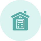 House icon with calculator inside, teal background.